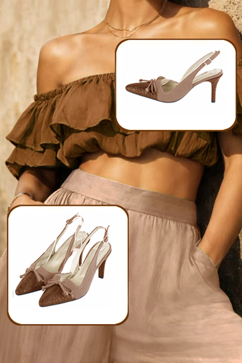 Women's caramel brown and biscuit beige elegant slingback heels, with a bow on the front. Tapered toe. High slim heel - Worn view